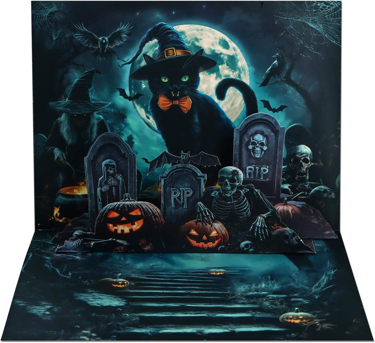 Musical Halloween Cards for Kids - Light & Music Funny Halloween Pop Up Card for Boys Girls - Midnight Blessings from Witchy Cat