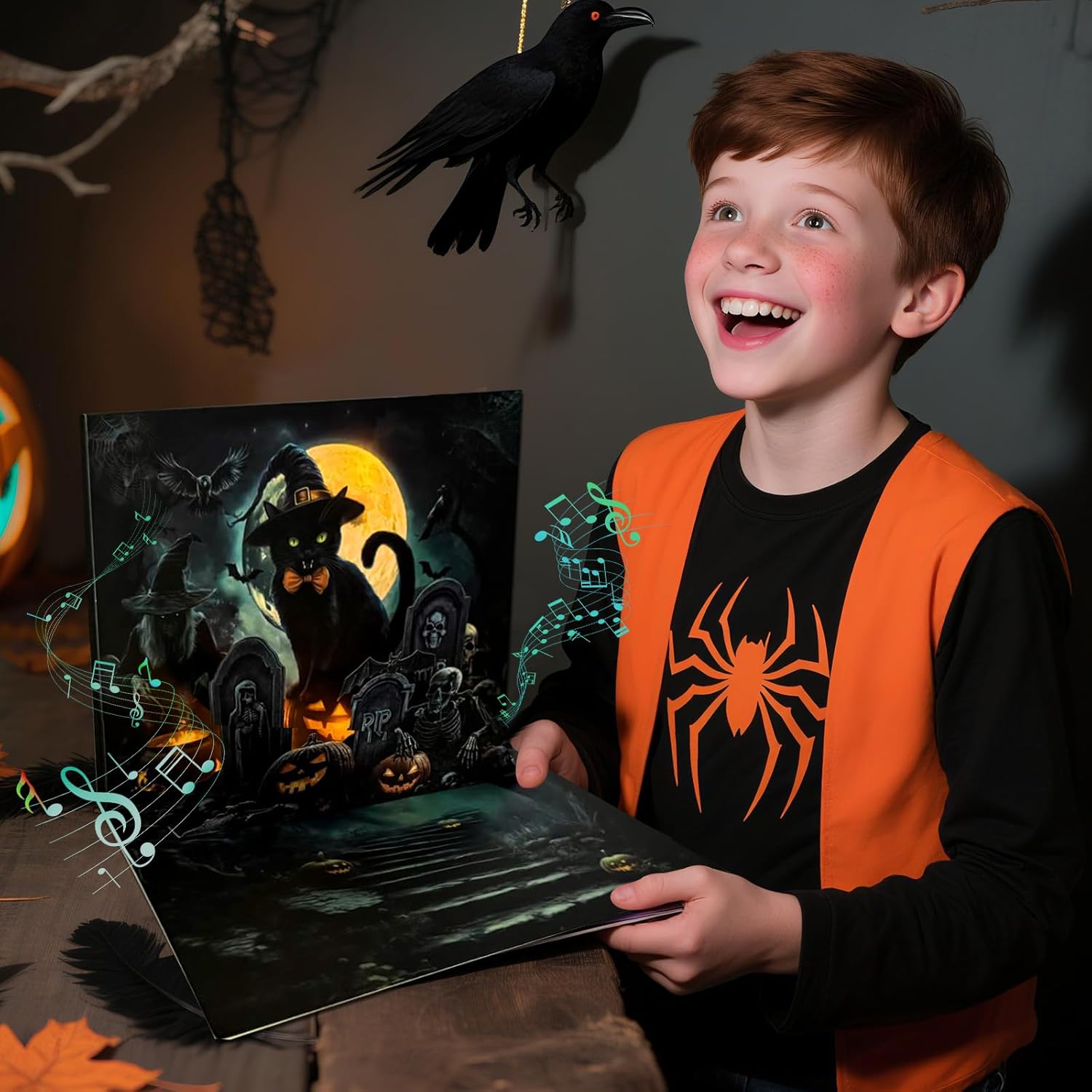 Musical Halloween Cards for Kids - Light & Music Funny Halloween Pop Up Card for Boys Girls - Midnight Blessings from Witchy Cat