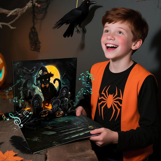 Musical Halloween Cards for Kids - Light & Music Funny Halloween Pop Up Card for Boys Girls - Midnight Blessings from Witchy Cat