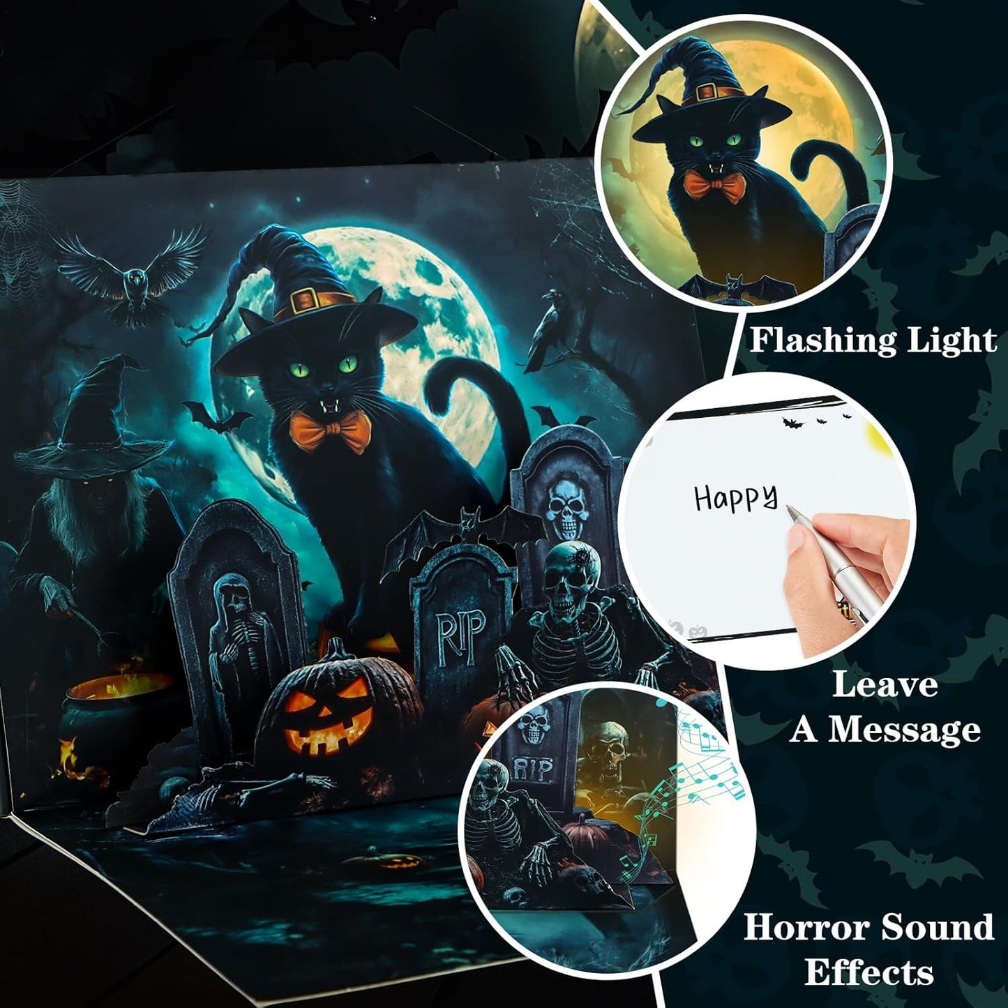 Musical Halloween Cards for Kids - Light & Music Funny Halloween Pop Up Card for Boys Girls - Midnight Blessings from Witchy Cat