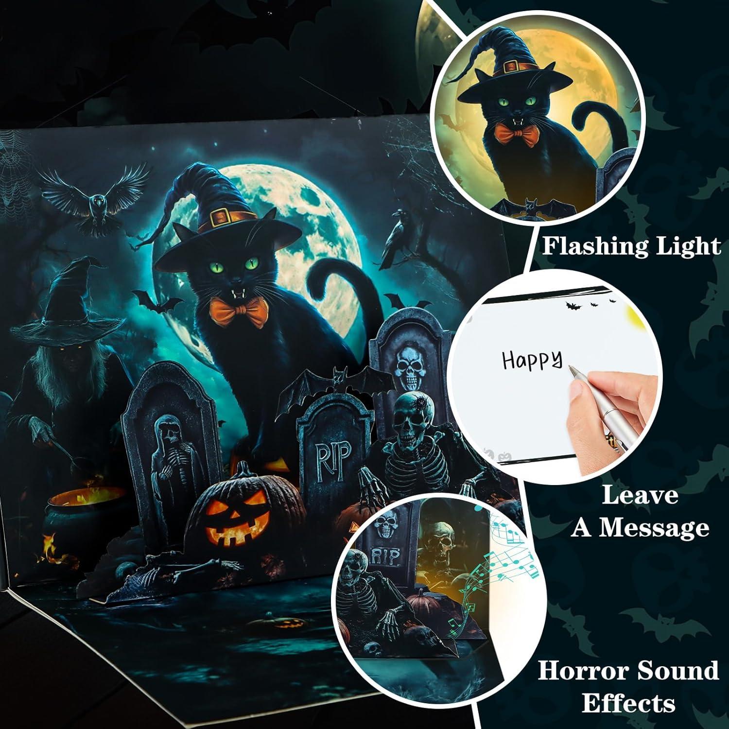 Musical Halloween Cards for Kids - Light & Music Funny Halloween Pop Up Card for Boys Girls - Midnight Blessings from Witchy Cat