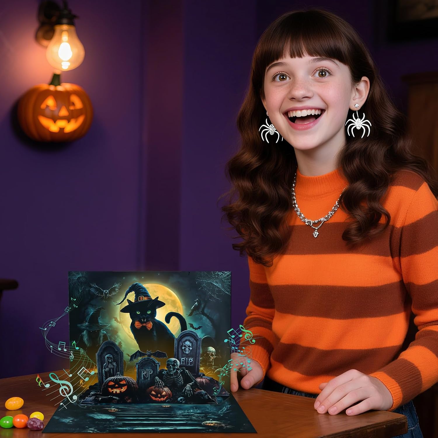 Musical Halloween Cards for Kids - Light & Music Funny Halloween Pop Up Card for Boys Girls - Midnight Blessings from Witchy Cat
