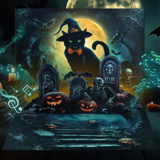 Musical Halloween Cards for Kids - Light & Music Funny Halloween Pop Up Card for Boys Girls - Midnight Blessings from Witchy Cat
